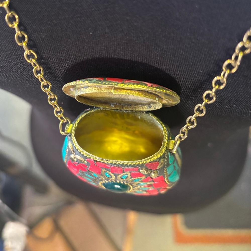 Boho Mosaic Locket Pendant Necklace – Hidden Compartment – Red & Turquoise - Picture 2 of 5